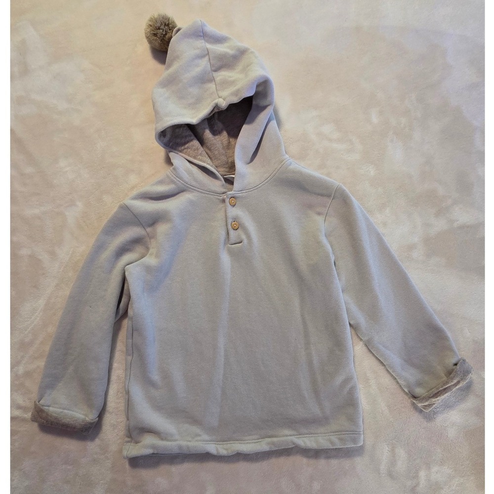 H&M 3T Organic Cotton Hooded Sweatshirt Neutral Oatmeal Pom Hood